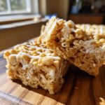 Two gooey peanut butter rice krispie treats stacked on a wooden board, drizzled with white icing.
