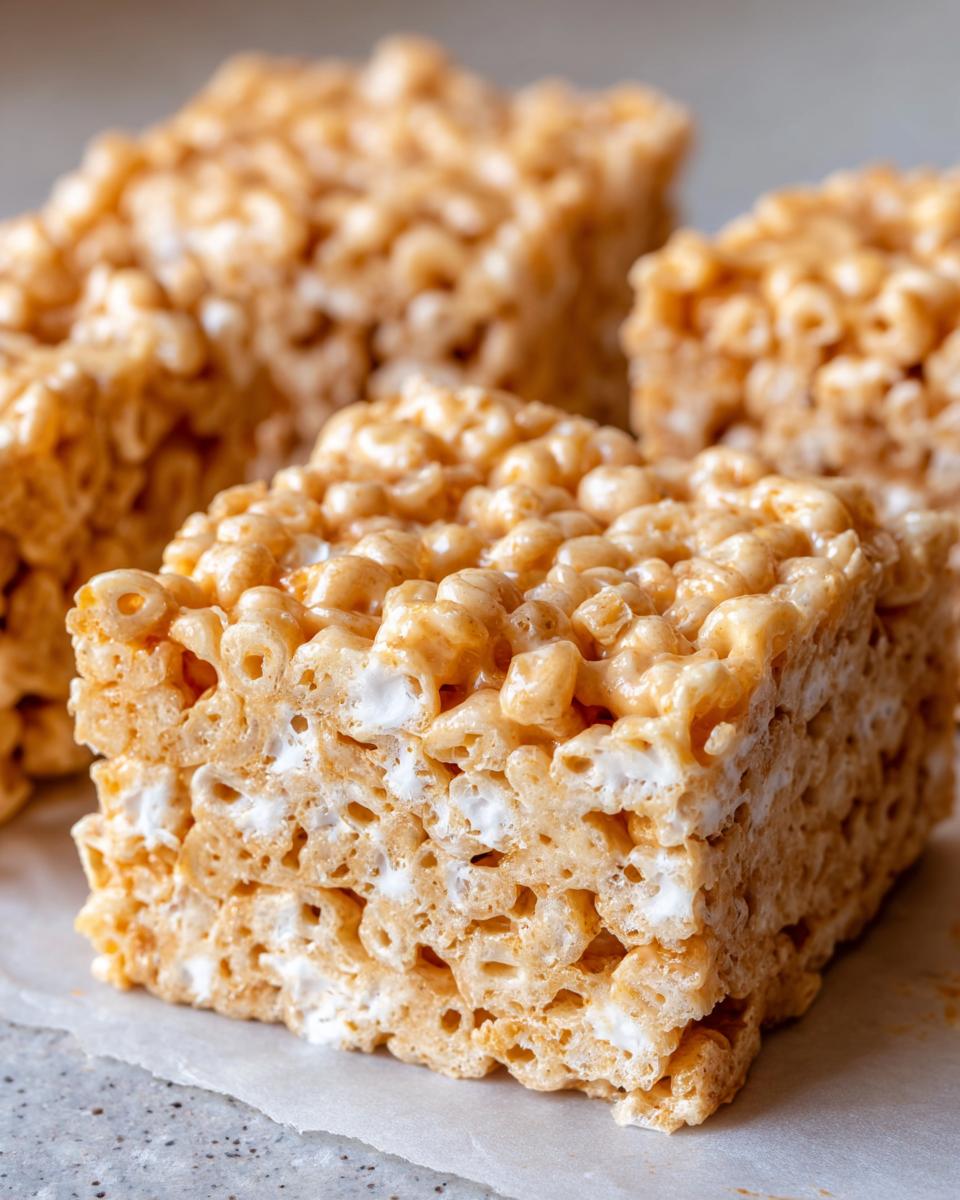 A close-up of a thick, gooey peanut butter rice krispie treats square showing puffed rice cereal and melted marshmallow.