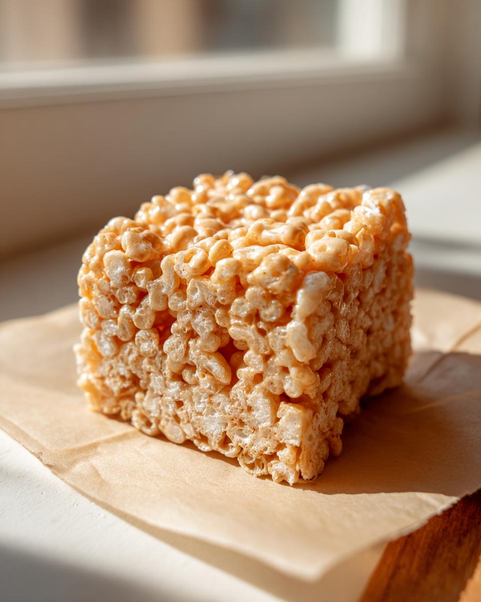 A single, thick square of gooey peanut butter rice krispie treats sitting on brown parchment paper.
