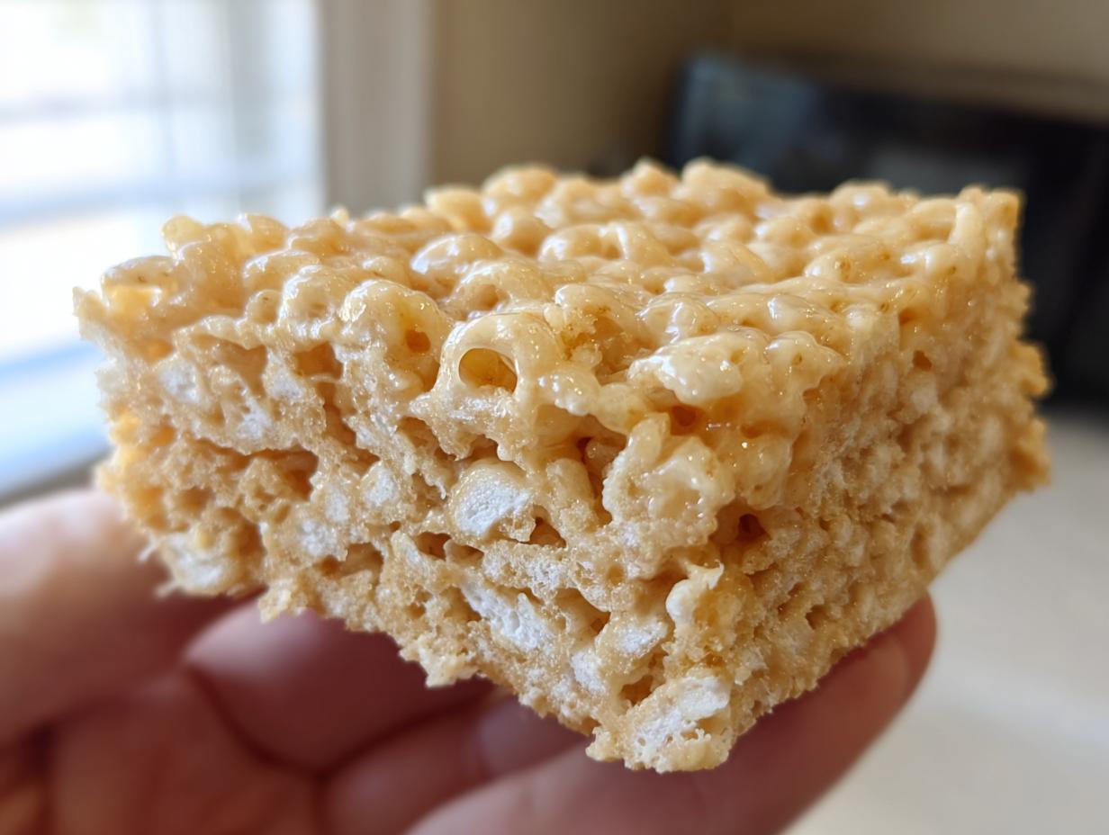 Close-up of a thick, gooey peanut butter rice krispie treats square being held in a hand.