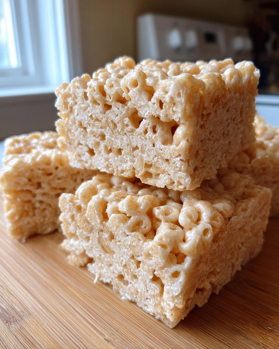 Close-up of stacked, gooey peanut butter rice krispie treats showing the texture of the puffed rice cereal.