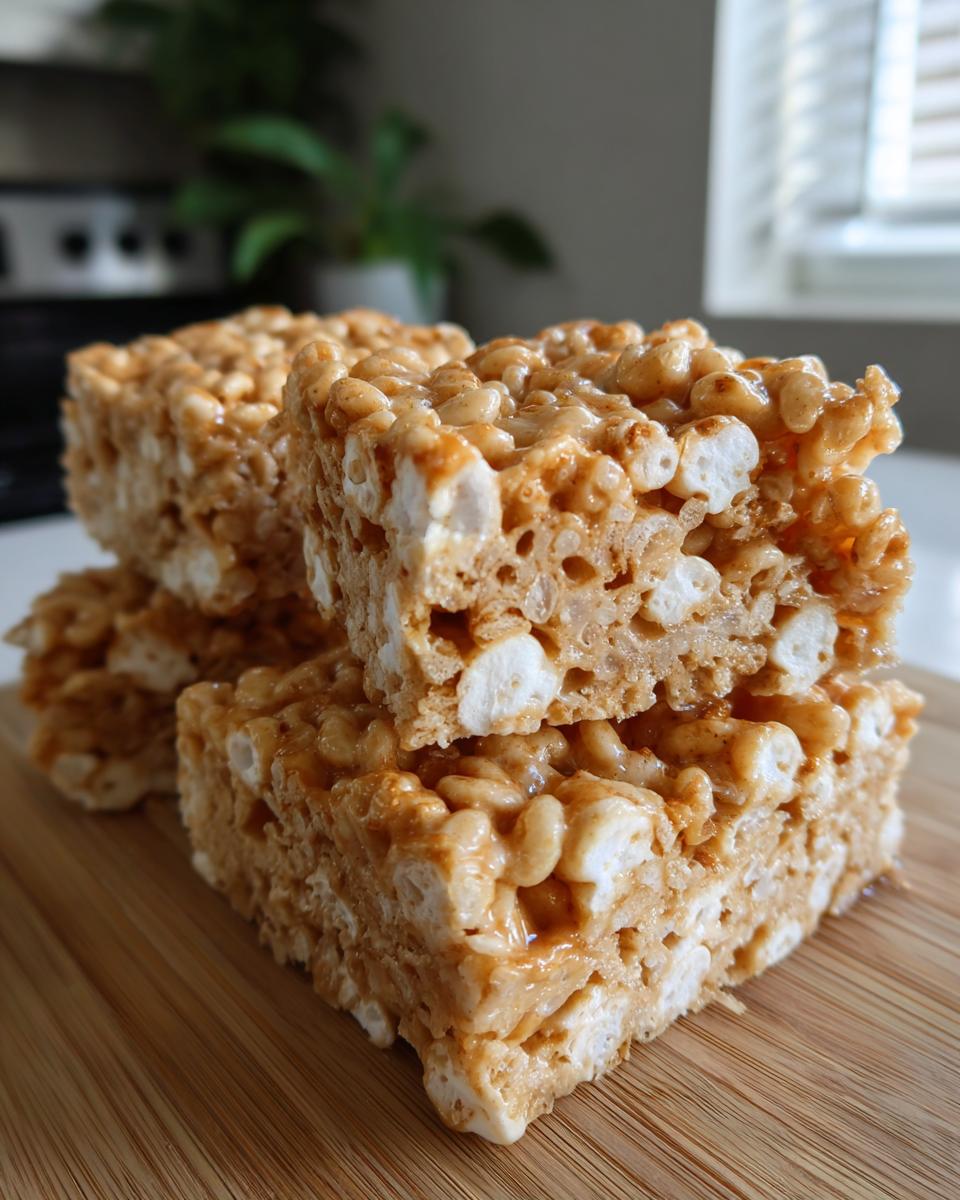 Close-up of stacked, gooey peanut butter rice krispie treats on a wooden board.