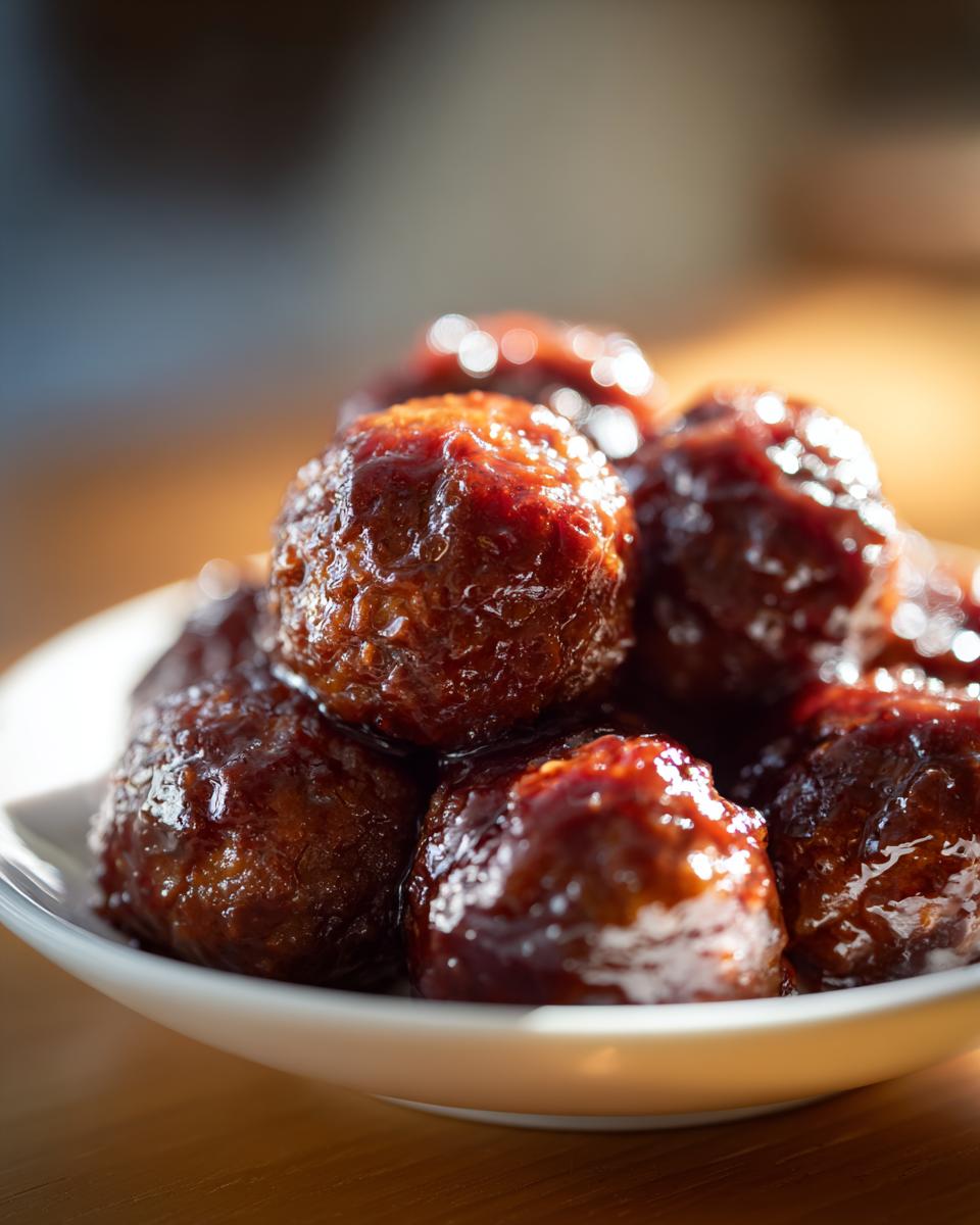A close-up of several shiny, saucy grape jelly meatballs piled high on a white serving dish.