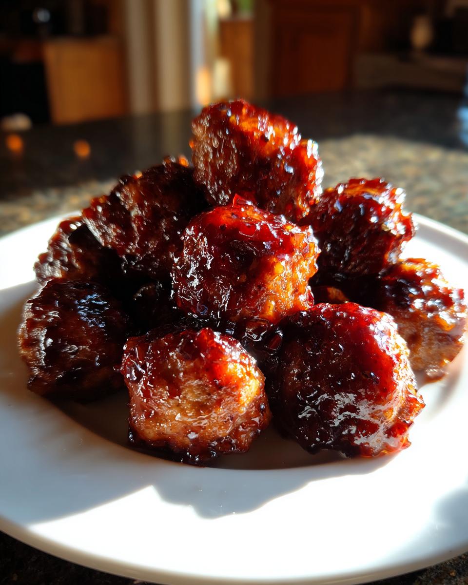 A close-up of several glistening, saucy grape jelly meatballs piled high on a white plate.