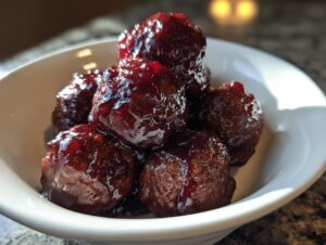 Close-up of several glistening Grape Jelly Meatballs coated in a rich, dark red sauce, served in a small white bowl.