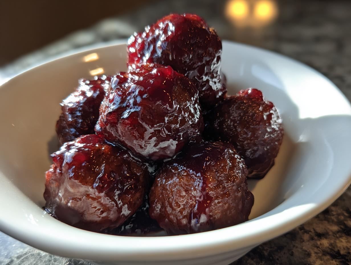 Close-up of several glistening Grape Jelly Meatballs coated in a rich, dark red sauce, served in a small white bowl.