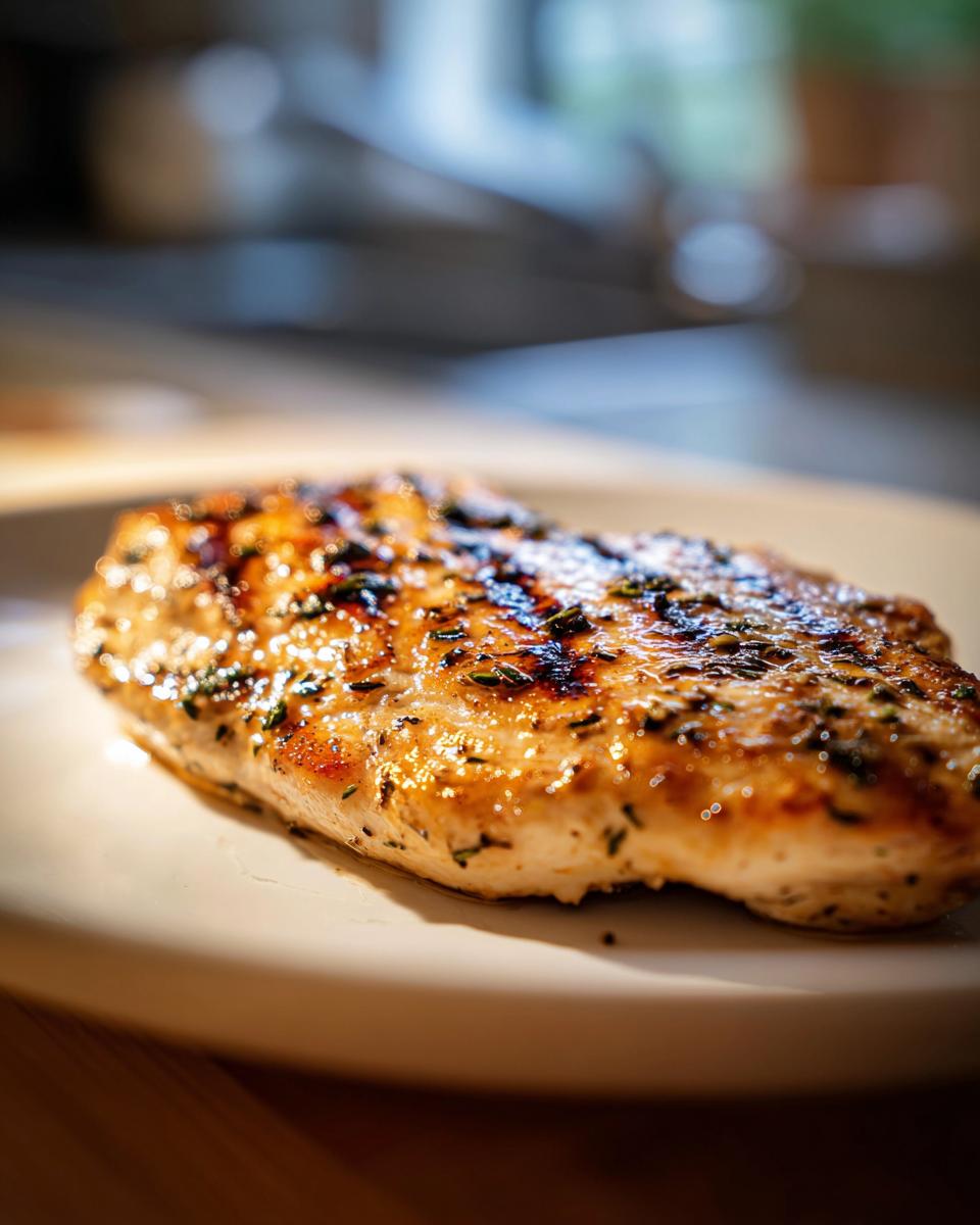 Close-up of a juicy grilled chicken breast coated in a savory grilled chicken marinade glaze.