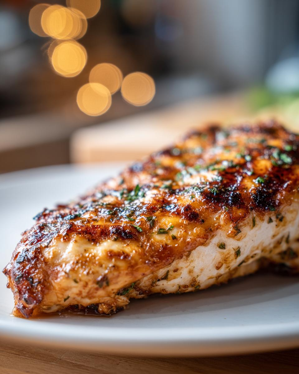 Close-up of a juicy, perfectly grilled chicken breast showing char marks and fresh parsley, made with grilled chicken marinade.