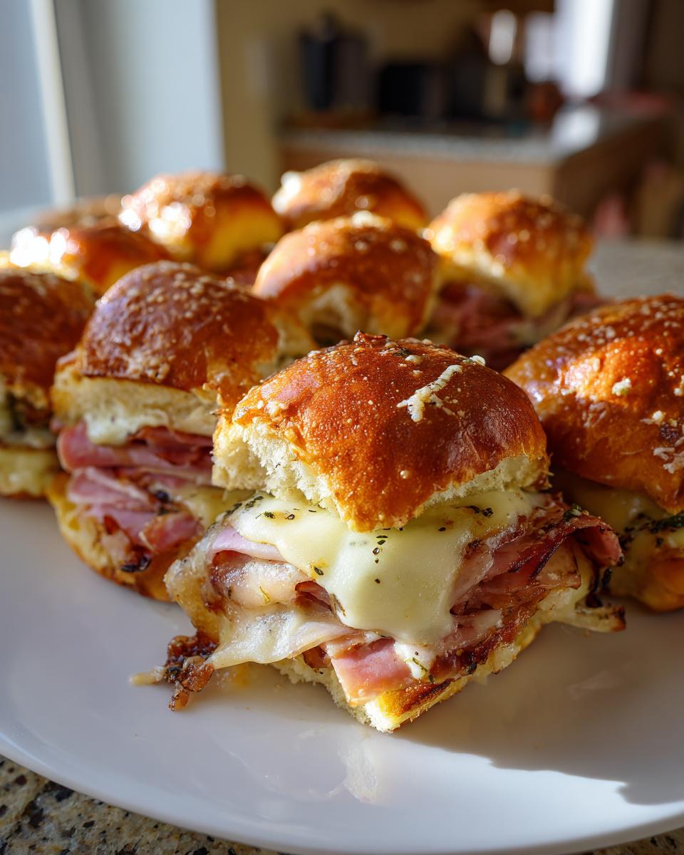 Close-up of delicious grinder sliders featuring melted cheese and ham on shiny, seasoned buns.