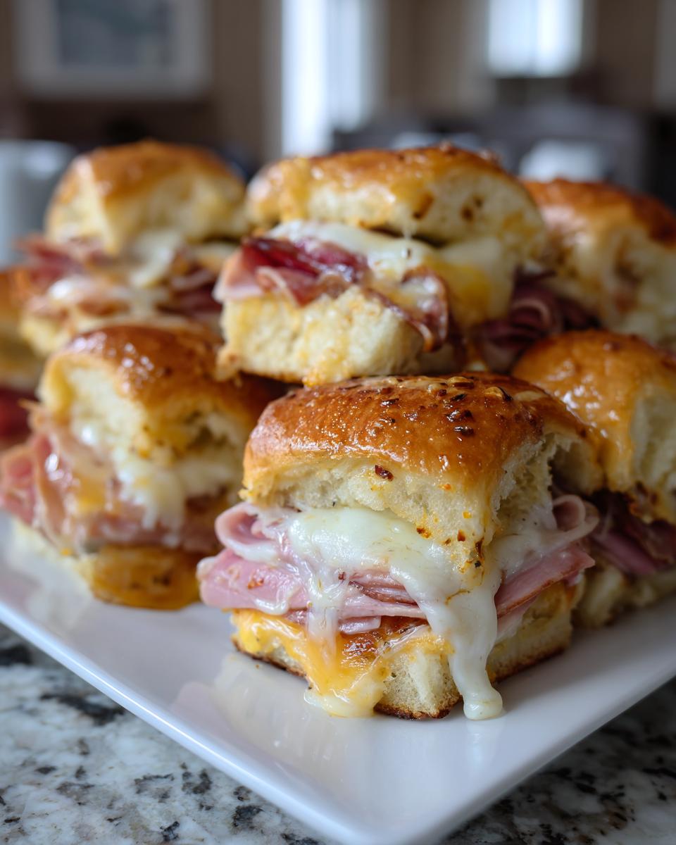 Close-up of warm, cheesy ham grinder sliders piled high on a white platter with melted cheese dripping.