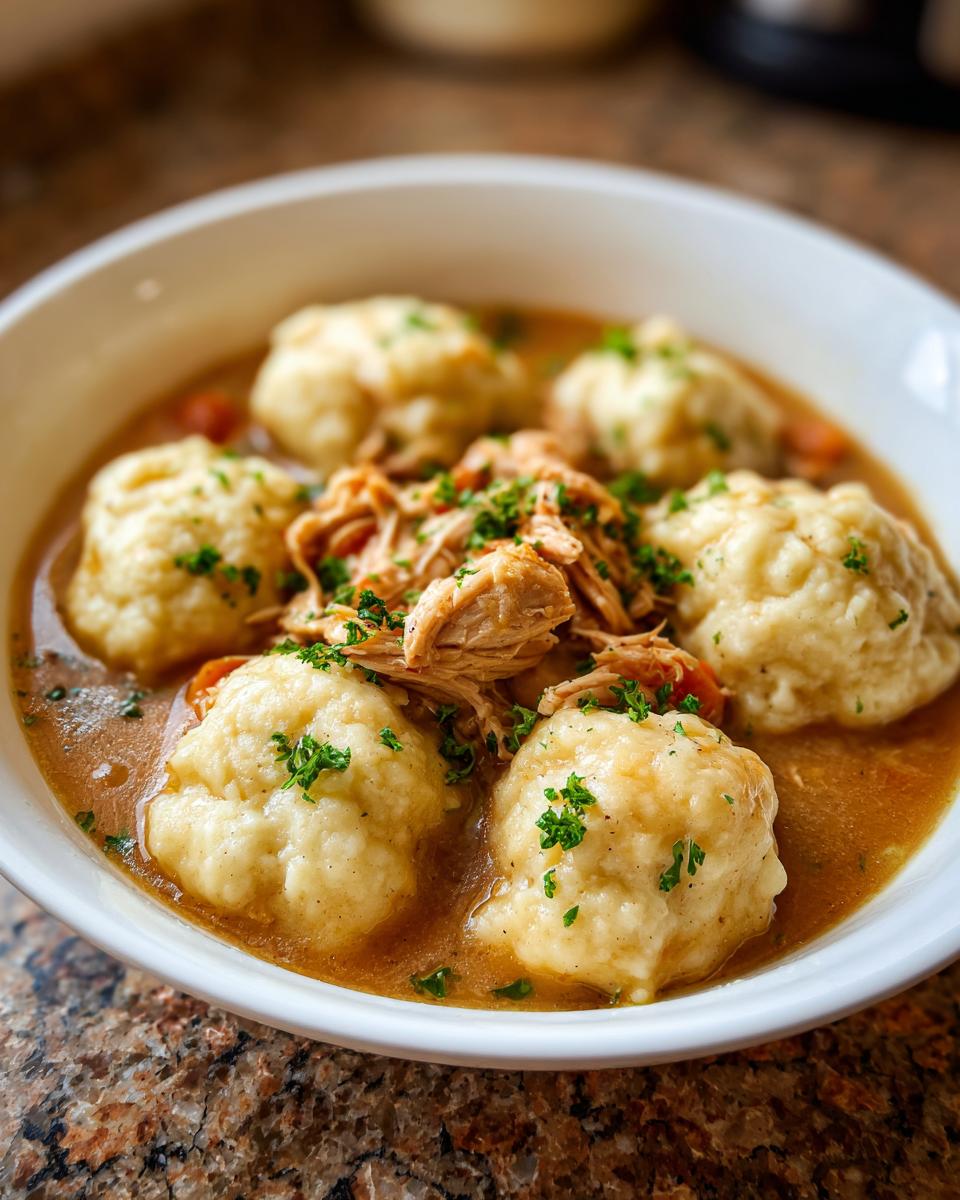 Close-up of a white bowl filled with rich broth, fluffy dumplings, and shredded chicken, garnished with parsley for a perfect chicken and dumpling dish.