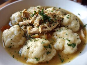 Close-up of a bowl filled with rich broth, fluffy dumplings, and shredded chicken, topped with parsley, showcasing delicious chicken and dumpling.