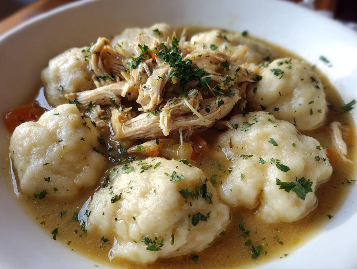 Close-up of a bowl filled with rich broth, fluffy dumplings, and shredded chicken, topped with parsley, showcasing delicious chicken and dumpling.