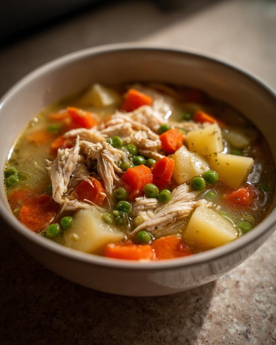 Close-up of a warm bowl of chicken vegetable soup featuring shredded chicken, carrots, peas, and potatoes.
