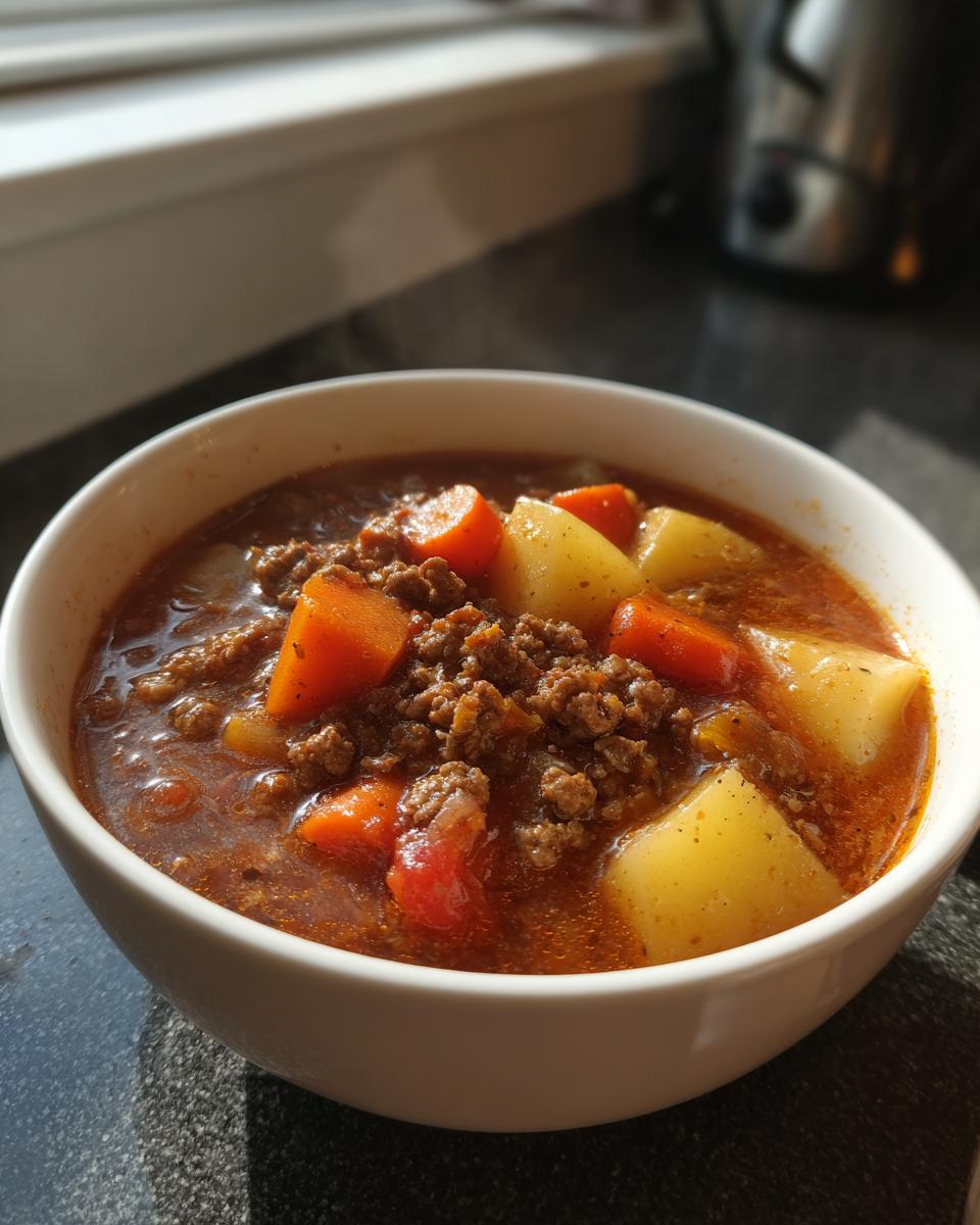 A close-up of a white bowl filled with rich hamburger soup, featuring ground beef, chunks of potato, and carrots.