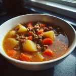 Close-up of a white bowl filled with hearty hamburger soup featuring ground beef, chunks of potato, and sliced carrots in a rich broth.