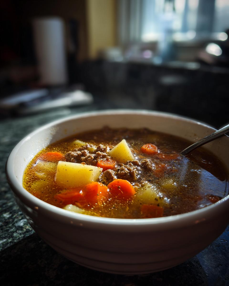 A close-up, warmly lit bowl of hearty hamburger soup filled with ground beef, chunks of potato, and sliced carrots.