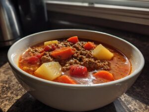 A close-up of a white bowl filled with rich, tomato-based hamburger soup featuring ground beef, carrots, and potatoes.