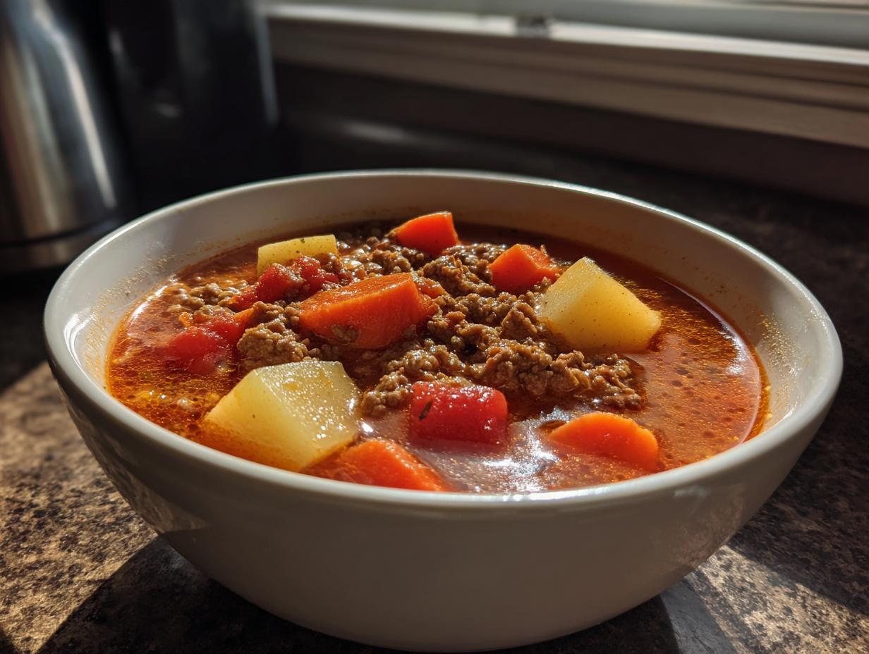 A close-up of a white bowl filled with rich, tomato-based hamburger soup featuring ground beef, carrots, and potatoes.