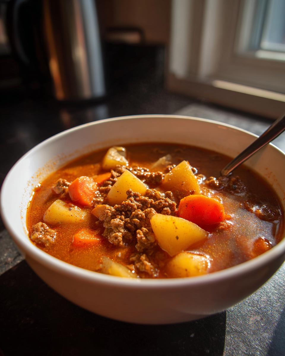 A close-up of a white bowl filled with steaming hamburger soup, featuring ground beef, chunks of potato, and carrots in a rich broth.