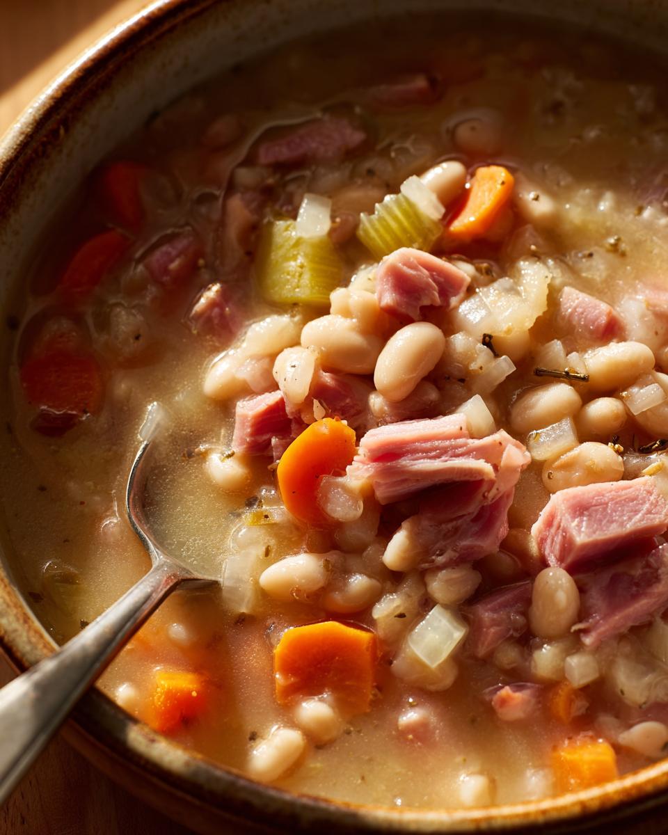 Close-up of a rustic bowl filled with thick navy bean soup, featuring white beans, diced ham, carrots, and celery.