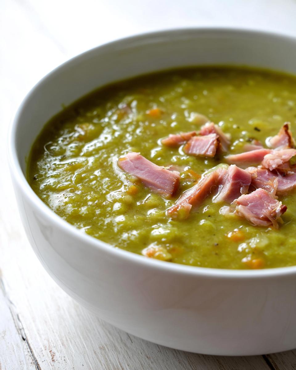 Close-up of a thick, green pea soup topped with savory chunks of ham, served in a white bowl.