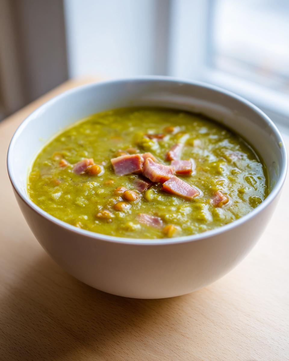 Close-up of a thick, green pea soup topped with diced ham pieces served in a white bowl.