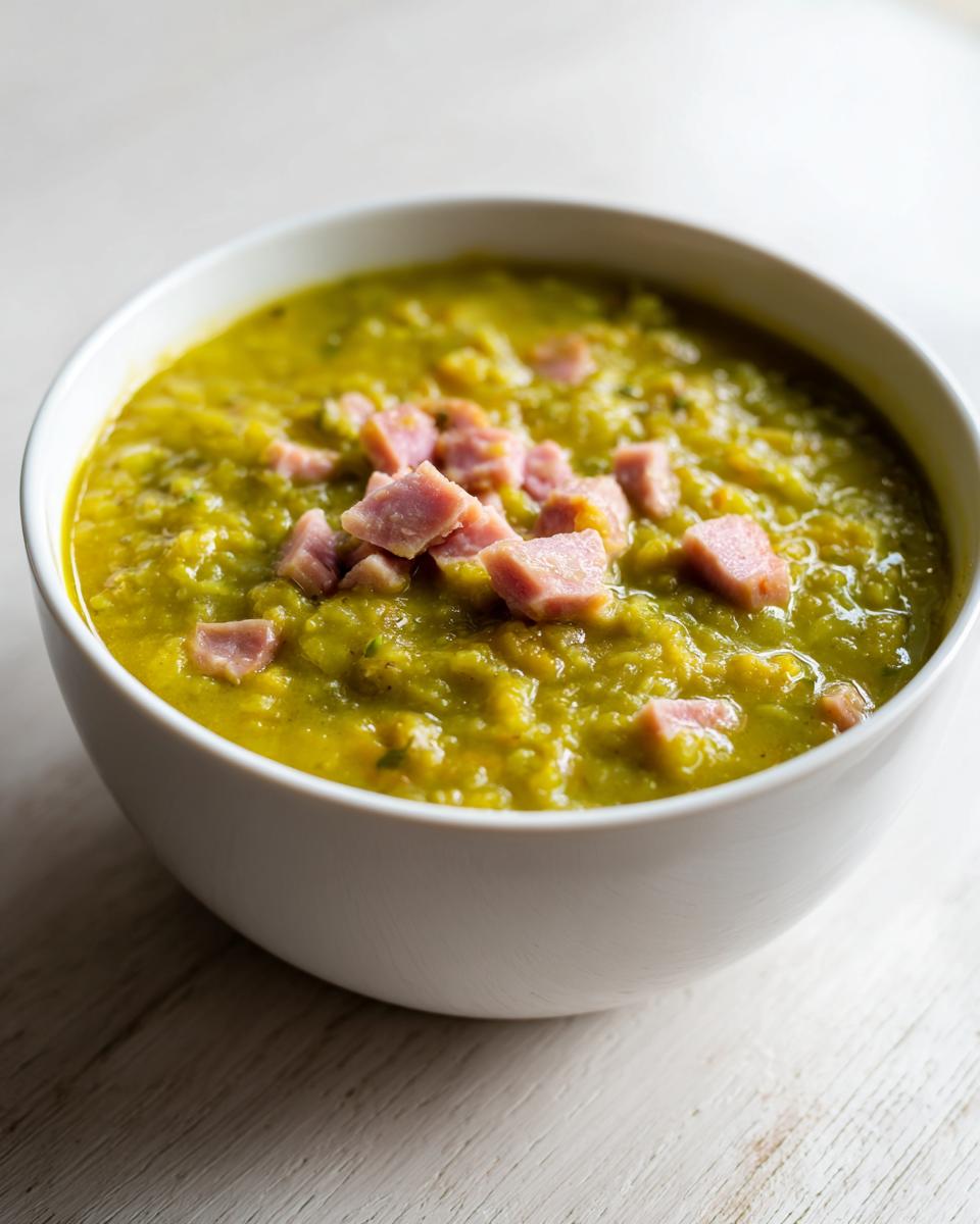 Close-up of a thick, green pea soup in a white bowl, garnished with diced pink ham pieces.