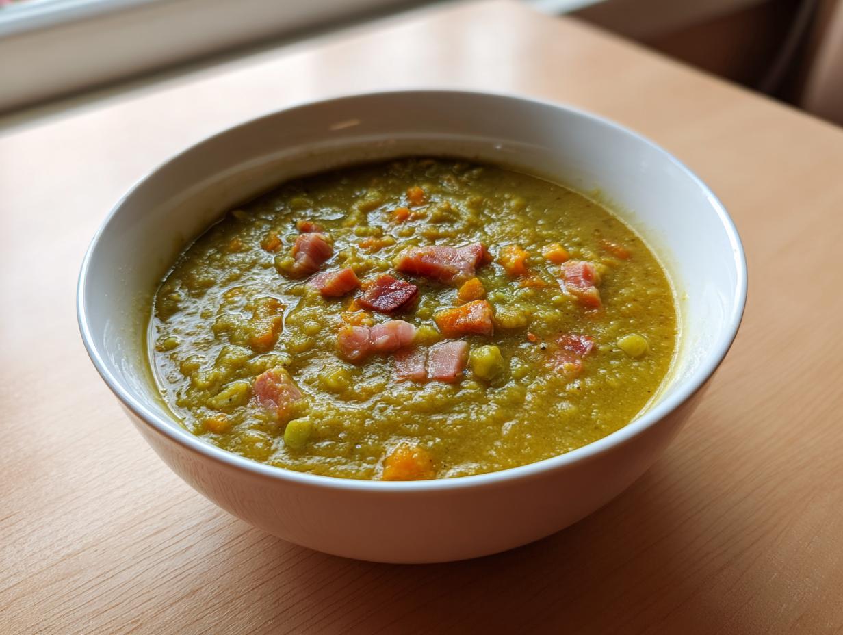 A close-up view of a white bowl filled with thick, green pea soup topped with diced ham and carrots.