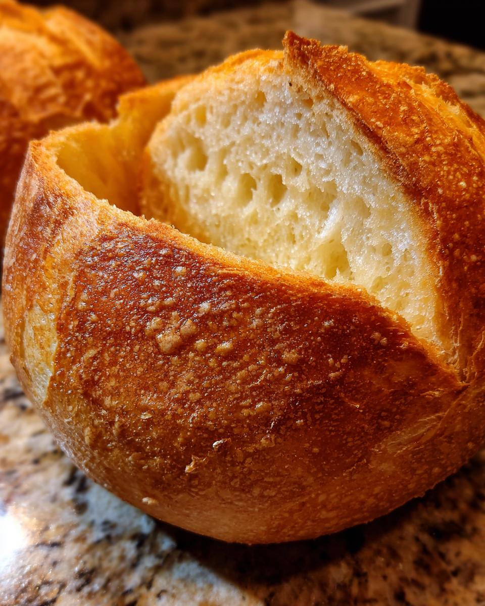 A close-up of a freshly baked, hollowed-out bread bowl showing the golden crust and airy interior crumb.