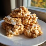 A stack of golden brown avalanche cookies mixed with marshmallows, dusted lightly with powdered sugar.