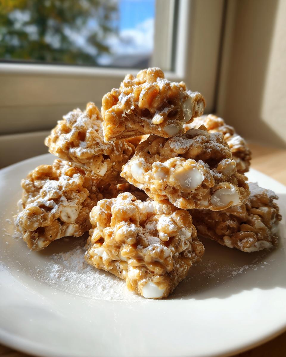 A stack of golden brown avalanche cookies, studded with white chocolate chips and dusted lightly with powdered sugar.