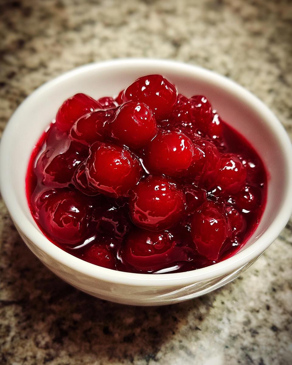 A small white bowl filled with glossy, rich red homemade cherry pie filling, showcasing whole cherries.