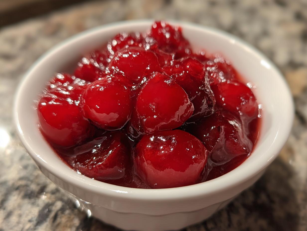 Close-up of glossy, bright red homemade cherry pie filling served in a small white bowl.