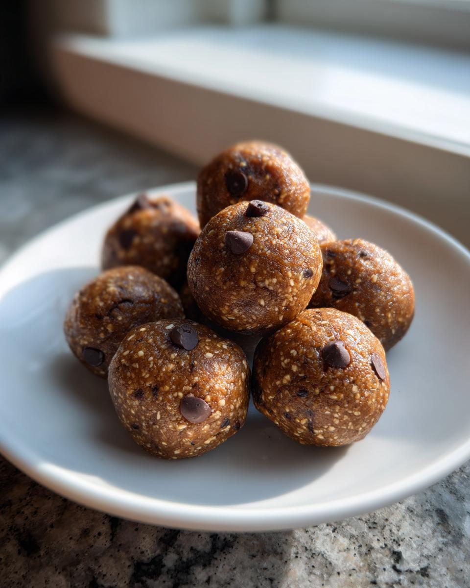 A small stack of homemade, round protein balls studded with mini chocolate chips, resting on a white plate.