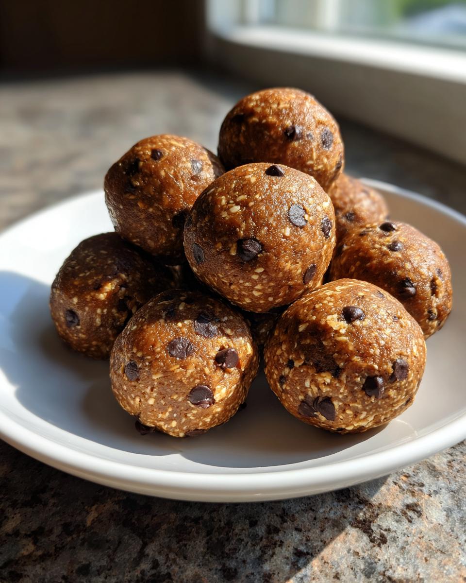 A close-up stack of homemade chocolate chip protein balls resting on a white plate near a window.