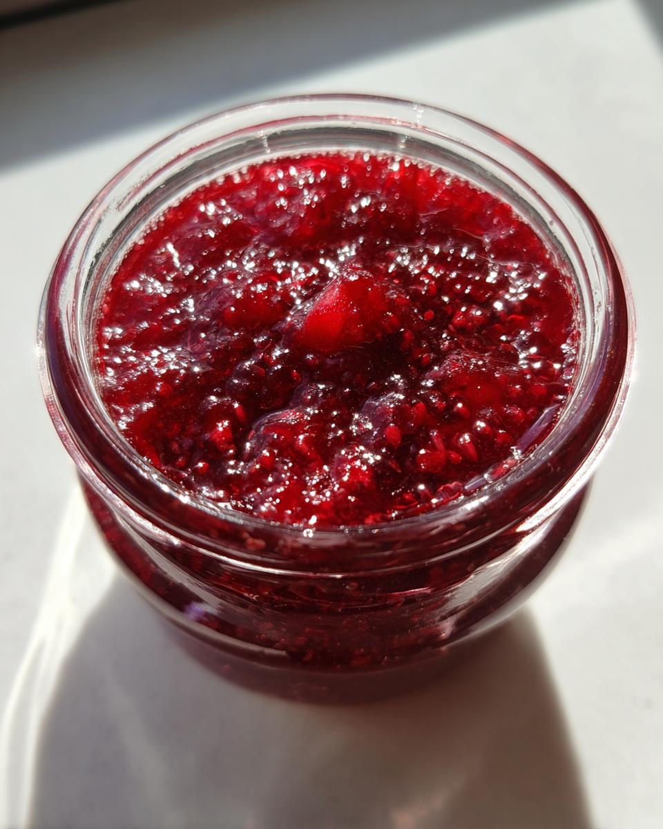 Top-down view of a glass jar filled with glistening, deep red christmas jam, catching the sunlight.