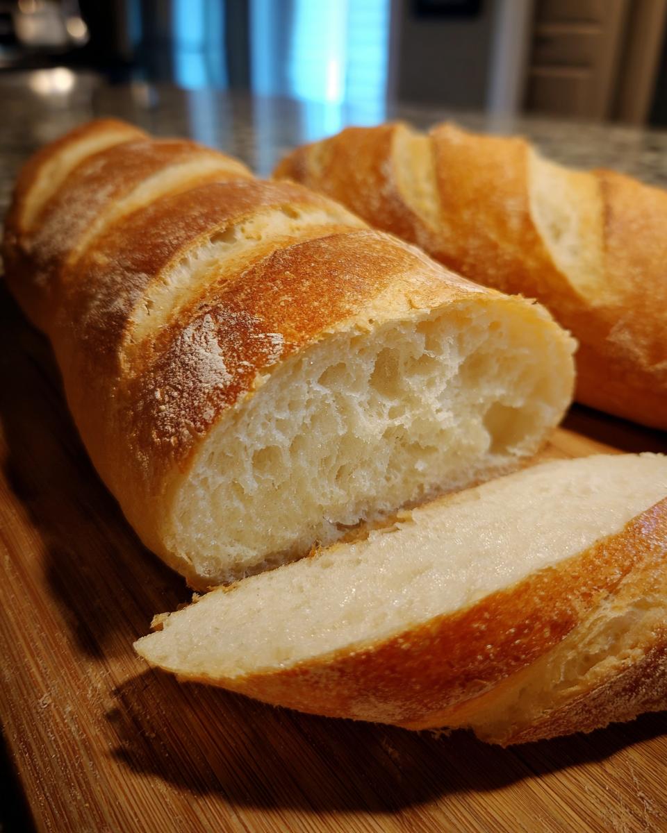 Close-up of a freshly baked french bread loaf, sliced open to show the soft, airy interior crumb.
