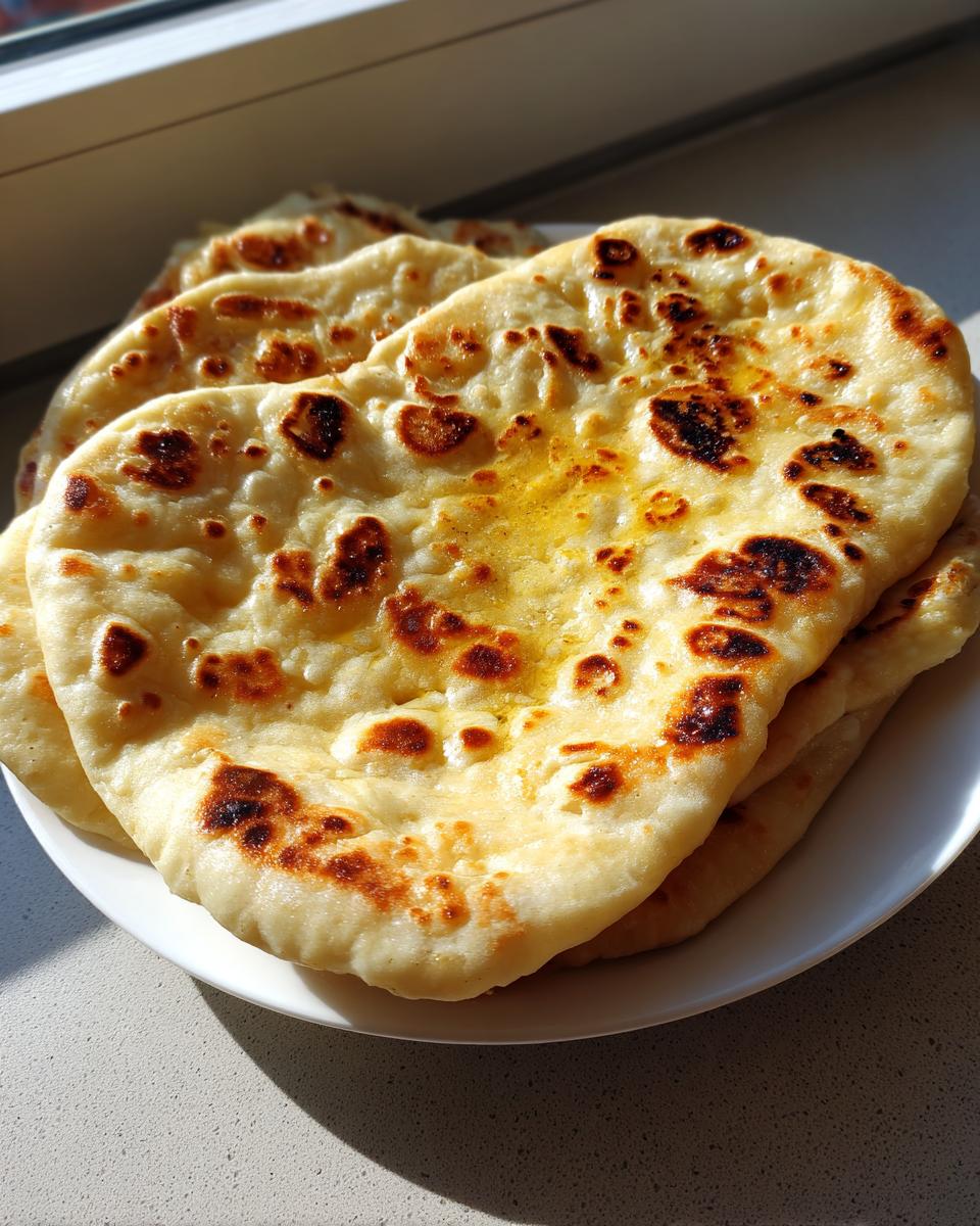 A stack of freshly made homemade naan bread, brushed with butter and showing charred spots, resting on a white plate.