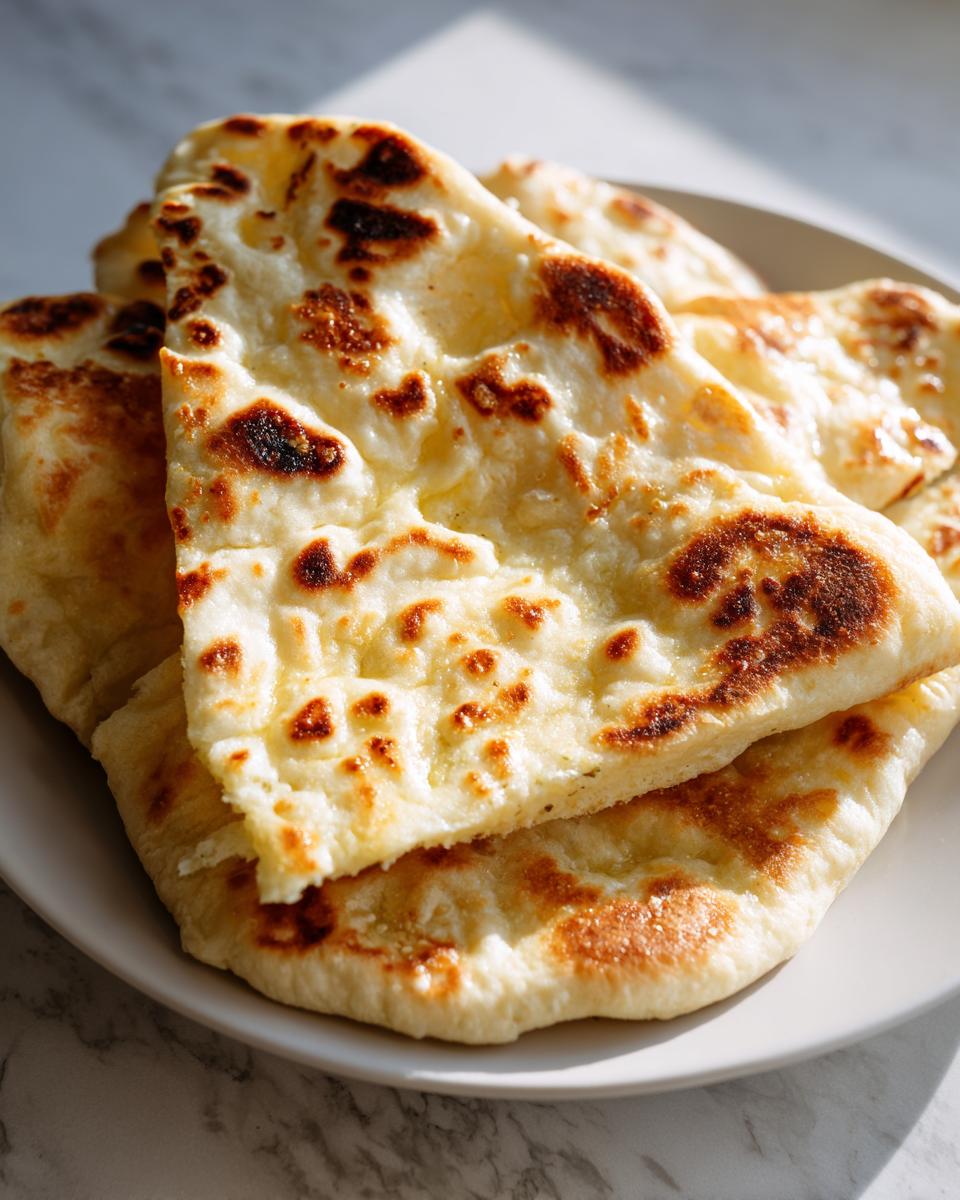 Close-up of soft, fluffy homemade naan bread with characteristic charred bubbles on a white plate.