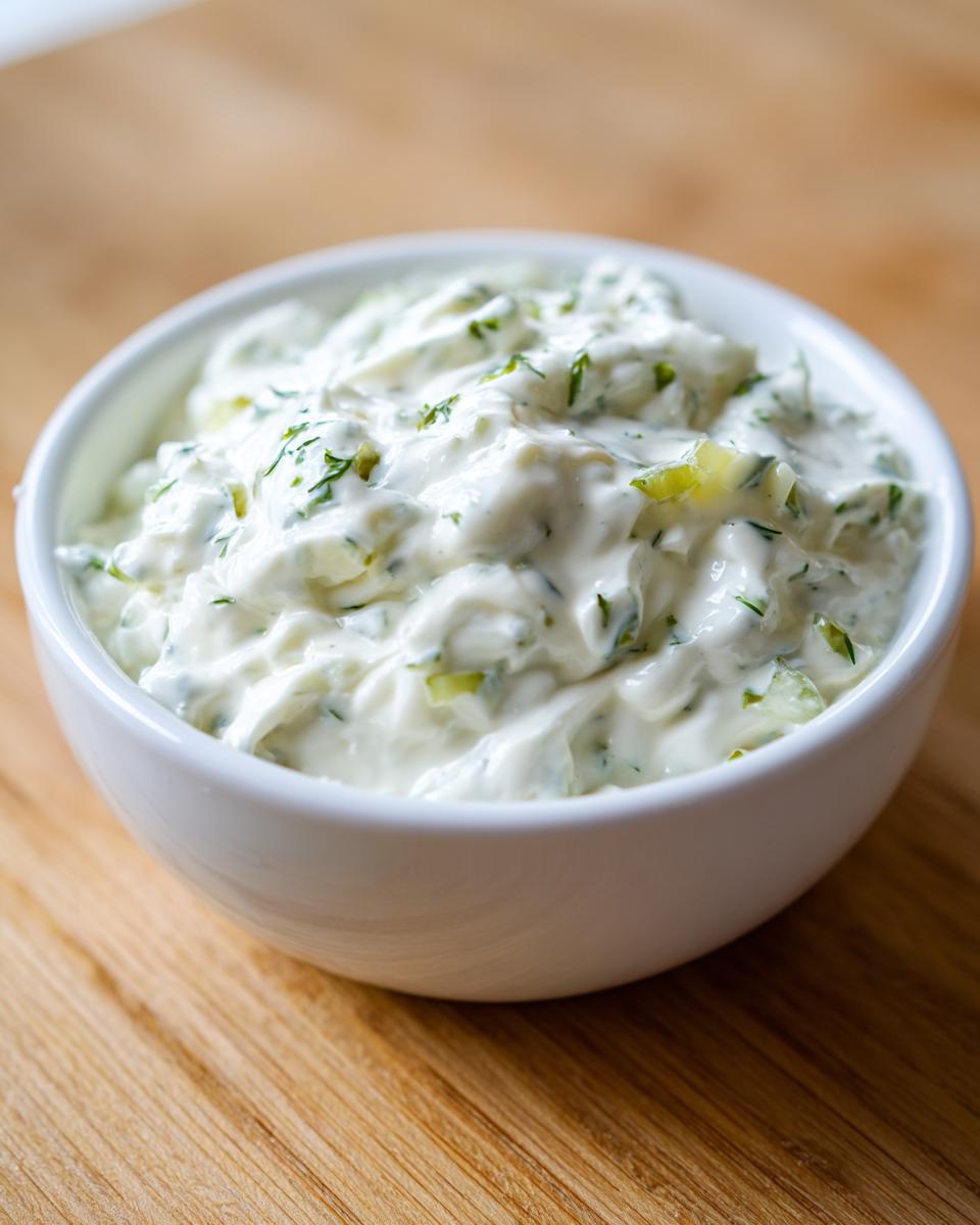 Close-up of creamy homemade tartar sauce recipe with visible relish and herbs in a small white bowl.