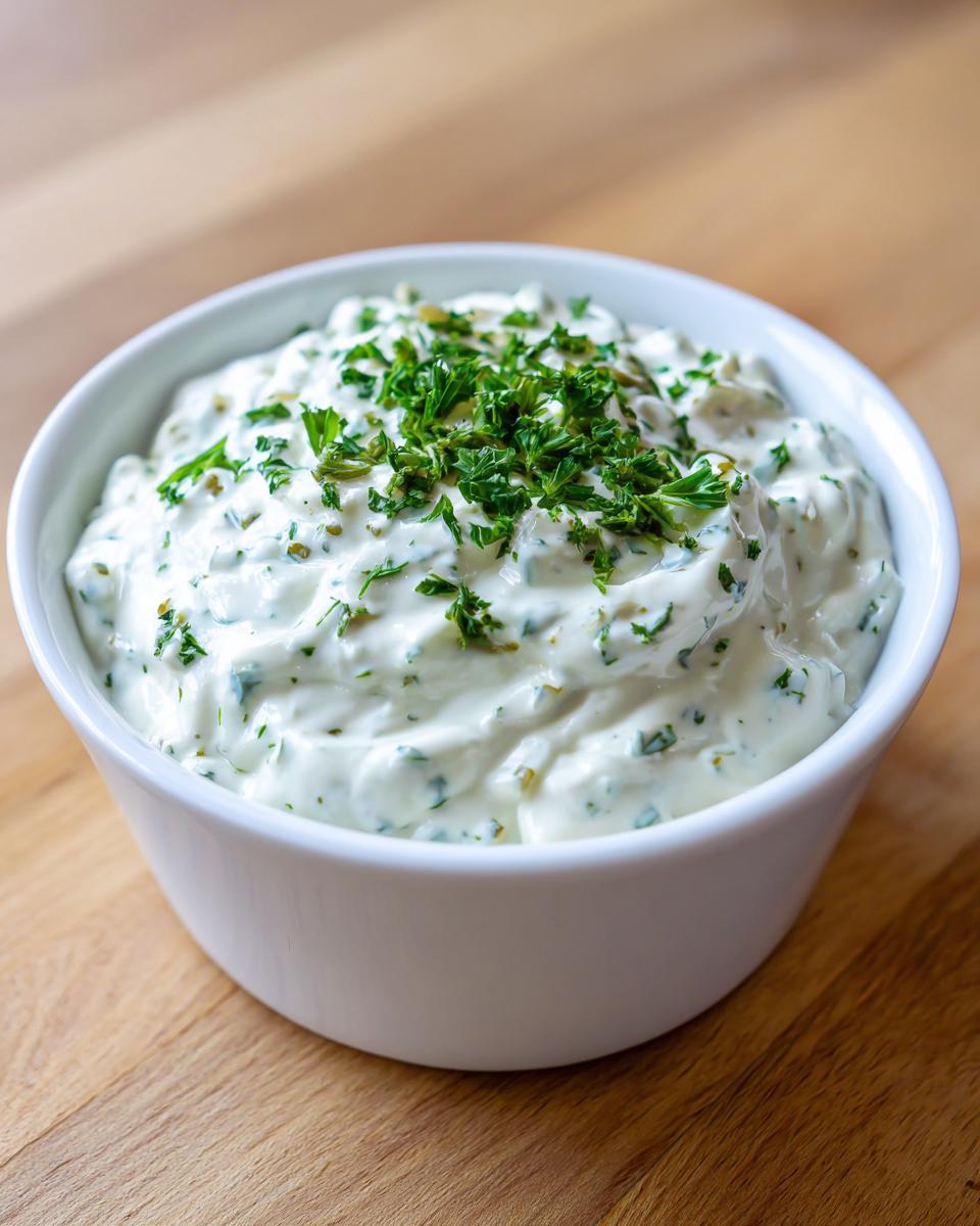 A close-up of a creamy, white tartar sauce recipe garnished with fresh chopped parsley.
