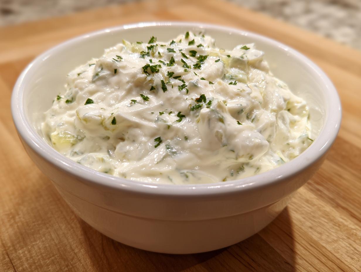 Close-up of a white bowl filled with creamy homemade tartar sauce recipe, garnished with chopped parsley.
