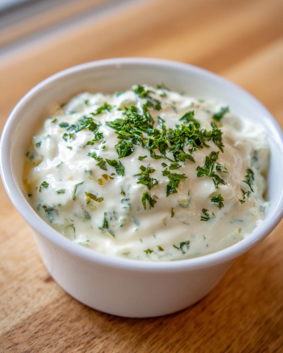 Close-up of creamy homemade tartar sauce recipe topped with fresh chopped parsley in a small white bowl.