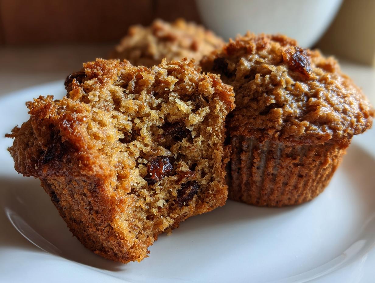 A close-up of two delicious honey bran muffins, one cut in half showing the moist texture and raisins inside.
