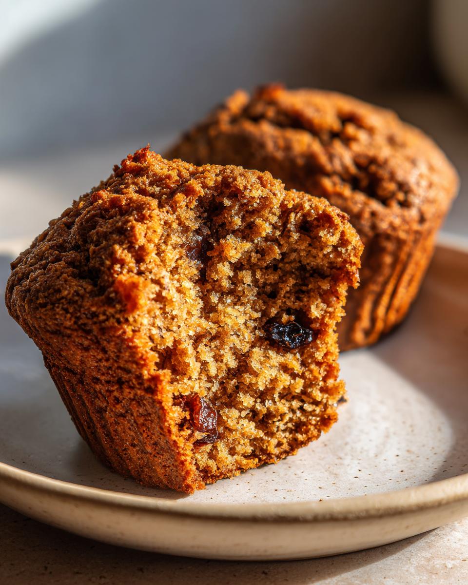 Close-up of a honey bran muffin broken open showing moist texture and raisins inside.