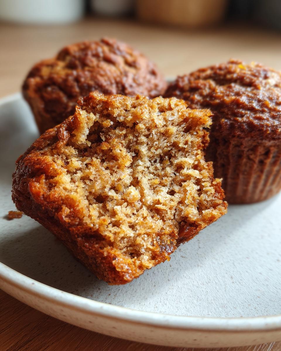 Close-up showing the moist, textured crumb of a honey bran muffin broken in half.