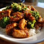 Close-up of honey garlic chicken stir fry pieces coated in shiny sauce with bright green broccoli florets served over white rice.
