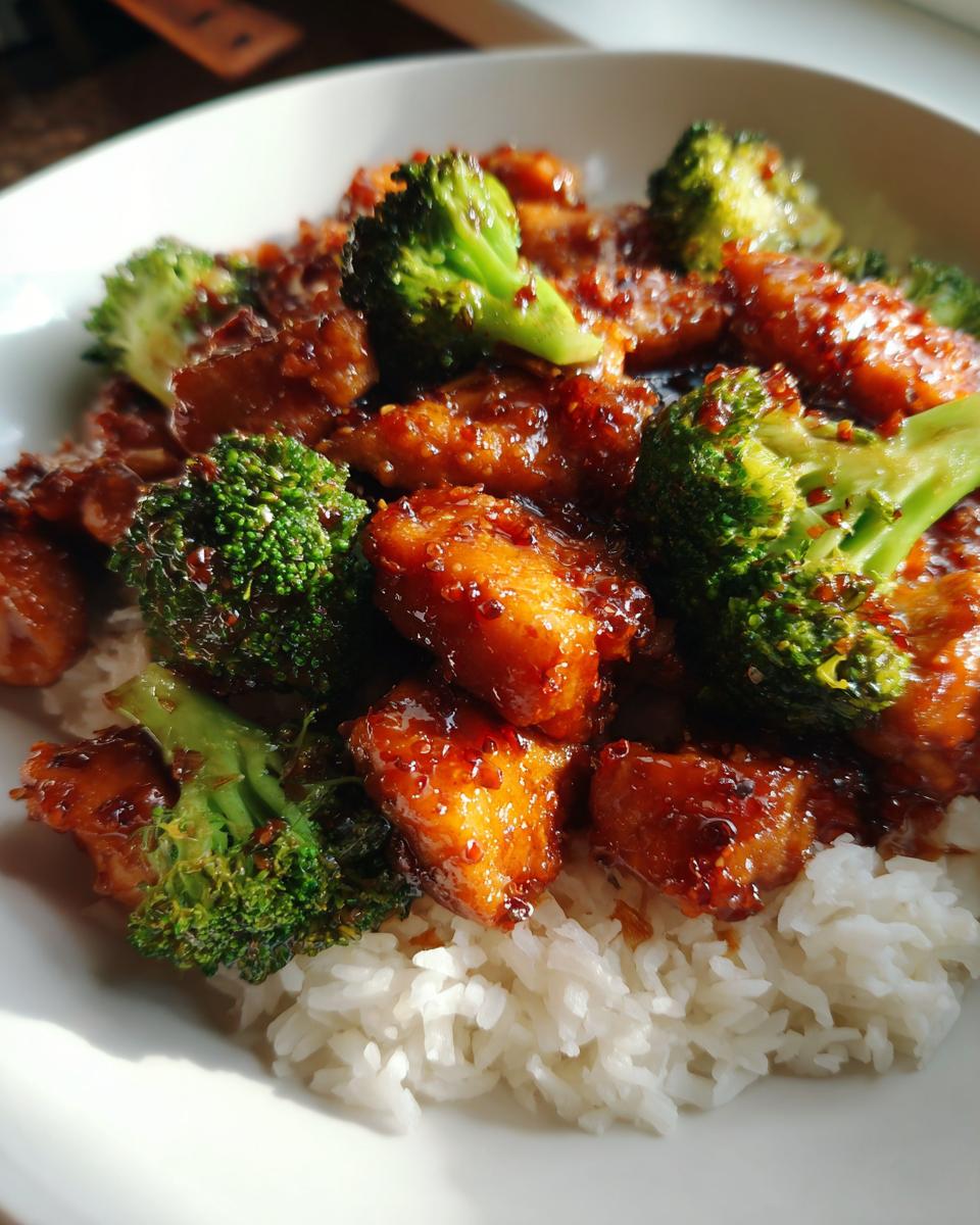 A close-up of glistening honey garlic chicken stir fry pieces mixed with bright green broccoli florets, served over white rice.