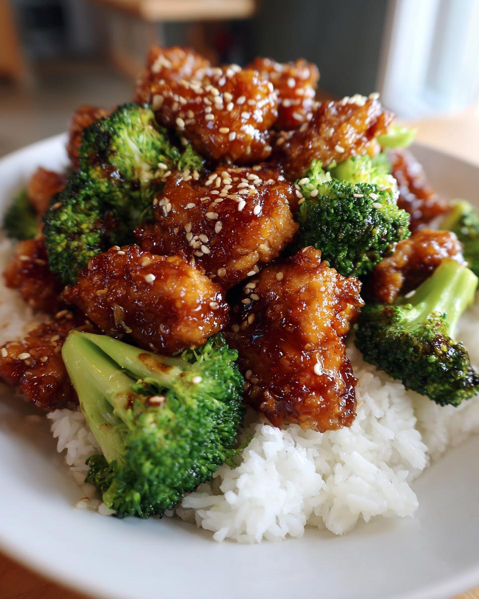 Close-up of honey garlic chicken stir fry pieces coated in glaze, served over white rice with bright green broccoli florets, sprinkled with sesame seeds.